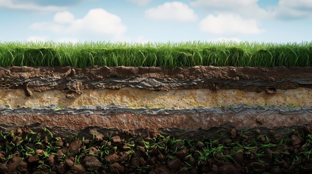 realistic 3d rendering of soil cross section with green grass and earth layers