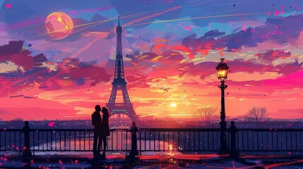 romantic paris sunset with eiffel tower silhouette valentines day love background digital painting