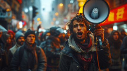 Obraz premium Person Holding Red and White Megaphone in Front of Crowd