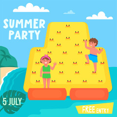 Summer party design template for kids.  Happy children playing on inflatable climbing wall attraction