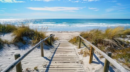 romantic wooden walkway leading to serene beach with rolling dunes and gentle waves idyllic seaside landscape