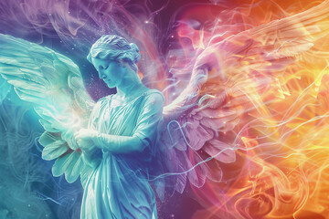 Naklejka premium Earthbound Angels: Navigating the Trials of Human Existence. Bright angel in colorful radiance