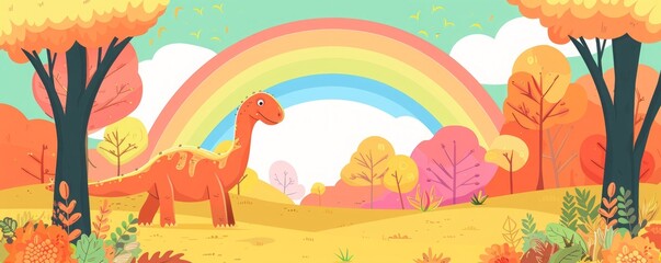 cartoon dinosaur on a rainbow background.