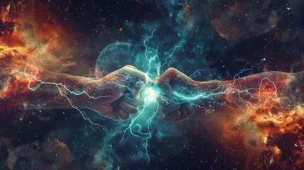 A surreal vision of two fists bumping with lightning energizes the futuristic space banner, symbolizing power and unity, Sharpen banner template with copy space on center
