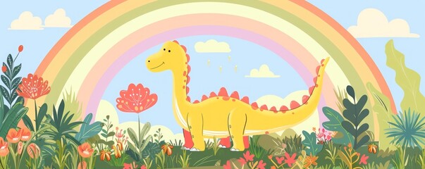 cartoon dinosaur on a rainbow background.