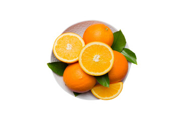 Flat lay of Fresh orange fruit with sliced in plate isolated on white background. Top view with copy space