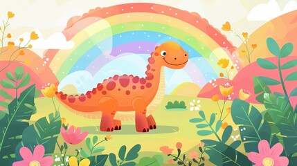 Fototapeta premium cartoon dinosaur on a rainbow background.