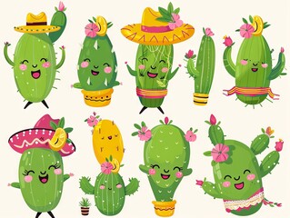 Cute cartoon cactus characters with flowers and hats.