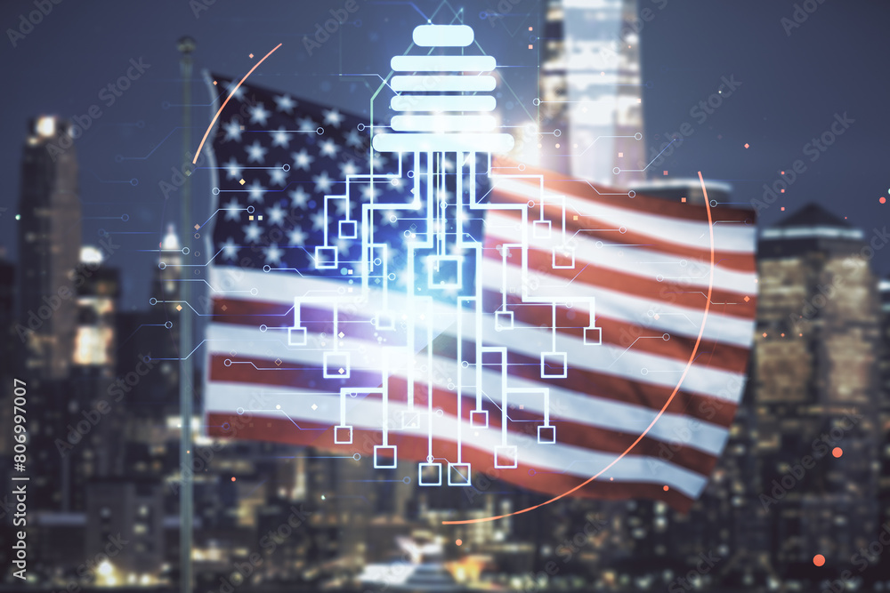 Poster double exposure of virtual creative light bulb hologram with chip on usa flag and blurry skyscrapers