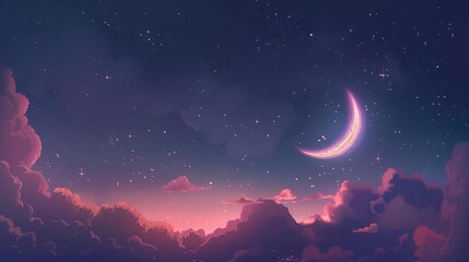 Fototapeta premium serene night sky with luminous crescent moon glittering stars and soft clouds peaceful celestial landscape