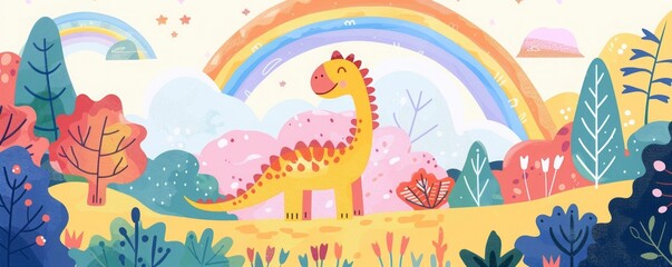 cartoon dinosaur on a rainbow background.