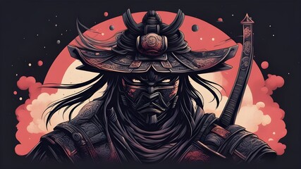 Dark Samurai with many details, lost in the galaxy background, t-shirt design, urban clothing design