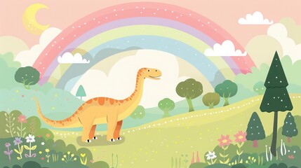 cartoon dinosaur on a rainbow background.