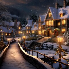 Snowy night in a small village. Christmas and New Year.