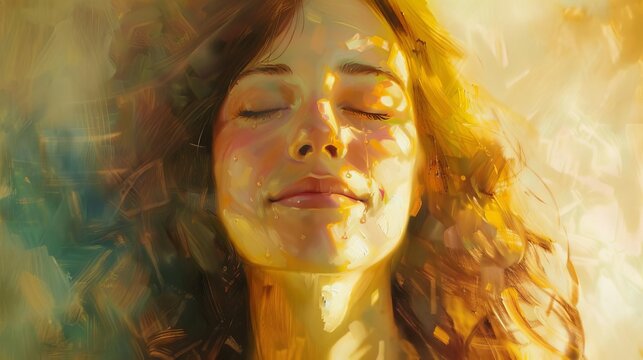 serene woman with closed eyes and tears of joy spiritual awakening concept soft golden light realistic oil painting