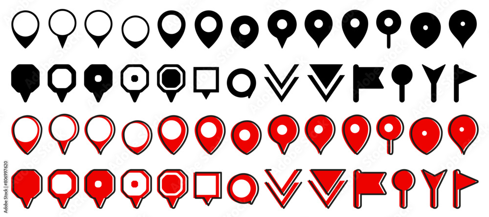 Poster Red and black location pin icons. Map pointer markers. Set of red map pin icons. Destination and location symbol collection