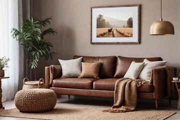 Cozy country living room ideas. Living room interior design with brown sofa, pouf, and mock-up frame in a perfect composition.