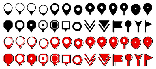 Red and black location pin icons. Map pointer markers. Set of red map pin icons. Destination and location symbol collection