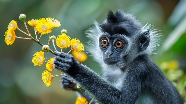 silver leaf monkey reaching for yellow flower trachypithecus cristatus colorful highresolution wildlife photography