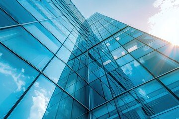 Modern glass office building with a blue color theme, in a low angle view. Business architecture concept
