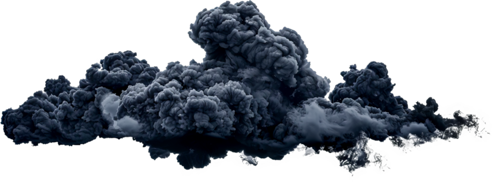 Dark cloud of dense smoke with blue hues cut out on transparent background