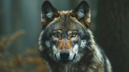 A majestic wolf standing in the forest, looking directly at the camera with focused eyes