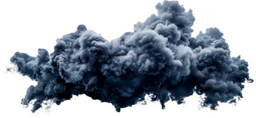 Dark cloud of dense smoke with blue hues cut out on transparent background