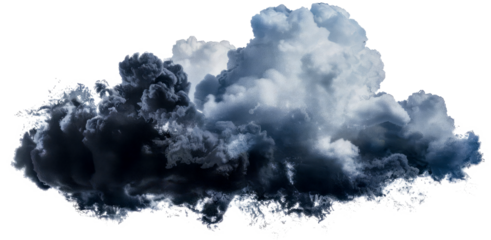 Dark cloud of dense smoke with blue hues cut out on transparent background