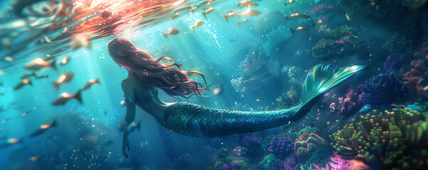 Visualize a mesmerizing mermaid swimming gracefully in a sea of vibrant digital colors Employ an underwater camera angle to showcase her shimmering scales and flowing hair with pho