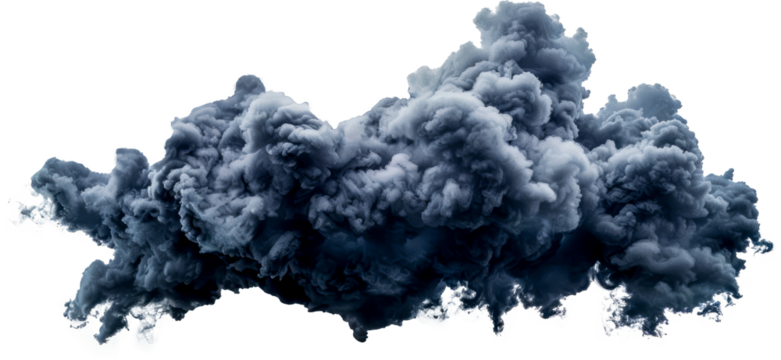 Dark cloud of dense smoke with blue hues cut out on transparent background