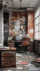 Abandoned and Deteriorating Office Space with Scattered Documents and Furniture