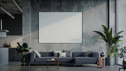 Fototapeta premium stylish modern living room with blank poster on concrete wall kitchen in background interior design concept illustration
