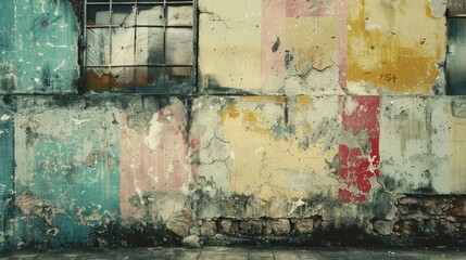 Naklejka premium Colorful stains under crumbling gray paint on shabby wall of grungy building on street