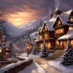 Winter village in the mountains. Christmas and New Year holiday concept.