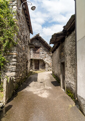 Ancient village Moghegno with rustic stone houses, hamlet of Maggia in the Canton of Ticino, Switzerland