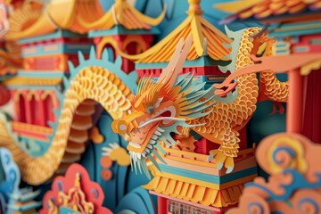 Fototapeta premium Delight in the festivities of Chinese New Year with an elaborate paper art scene featuring vibrant dragon zodiac signs and ancient architecture