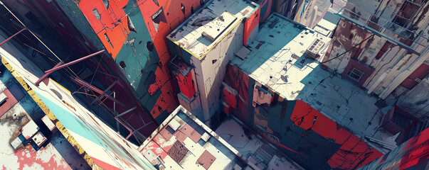 Elevate traditional street art techniques to new heights with an aerial view approach that showcases robotic elements