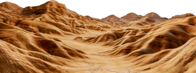 Desert landscape with rugged mountains and rolling sand dunes cut out on transparent background