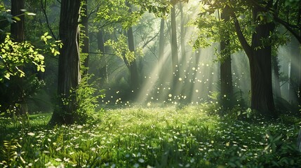 tranquil sundappled forest glade serene nature landscape with lush greenery and magical atmosphere