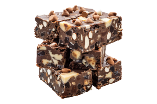 Stack of rocky road brownies isolated on transparent background