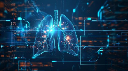 Fototapeta premium Digital illustration of human lungs with medical data overlays promotes lung health awareness, Sharpen banner template with copy space on center