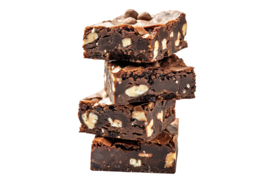 Stack of rocky road brownies isolated on transparent background