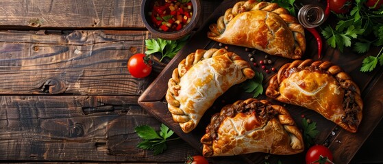 Discover the robust flavors of an Argentinian empanada, freshly baked and filled with beef, with a solid background and copy space on center for advertise - obrazy, fototapety, plakaty