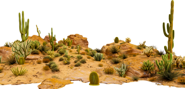 Desert landscape with saguaro and Joshua trees cut out on transparent background