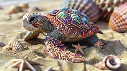 A 3D image of a cute baby sea turtle on a sandy beach, decorated with colorful seashells and starfish