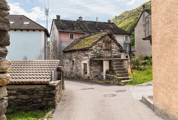 Ancient village Moghegno with rustic stone houses, hamlet of Maggia in the Canton of Ticino, Switzerland