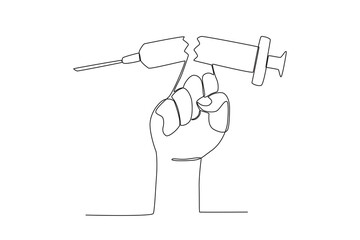 Single continuous line drawing of The fist that destroys drug injectors. anti dryg day. Medical healthcare conceptual. National Pharmacist Day. Vector illustration
