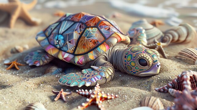 A 3D image of a cute baby sea turtle on a sandy beach, decorated with colorful seashells and starfish