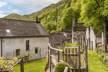 Ancient village Moghegno with rustic stone houses, hamlet of Maggia in the Canton of Ticino,...