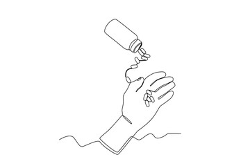 Single continuous line drawing of Hands and illegal drugs. anti dryg day. Medical healthcare conceptual. National Pharmacist Day. Vector illustration

